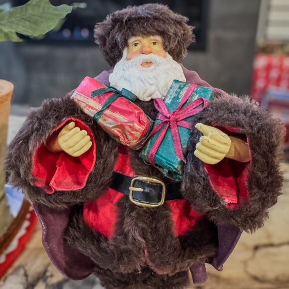 Vintage Old World Santa in Brown Faux Fur & Plum Clothtique-Like Hat & Cape 10"H - Picture 2 of 8